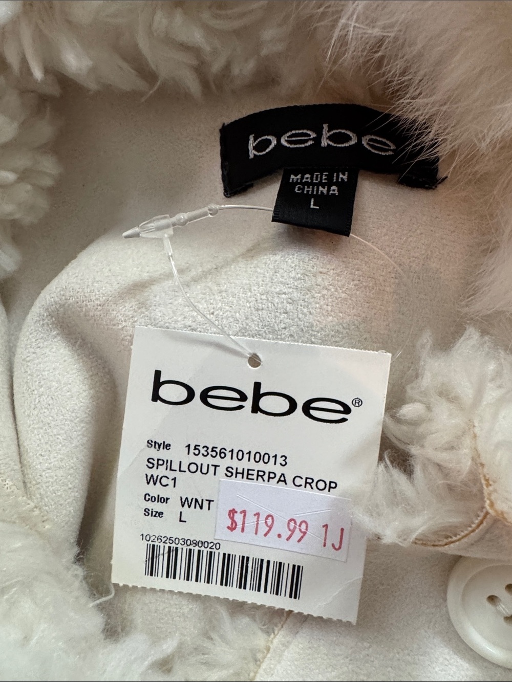 NWT bebe Spillout Sherpa Crop Jacket White Large Genuine Rabbit Fur Trim Hooded - Picture 12 of 12